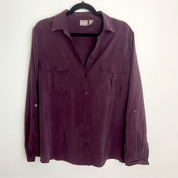 Chico’s Plum Button Down Shirt Long Sleeve with Roll Tab  Women’s Size Large - Picture 1 of 14